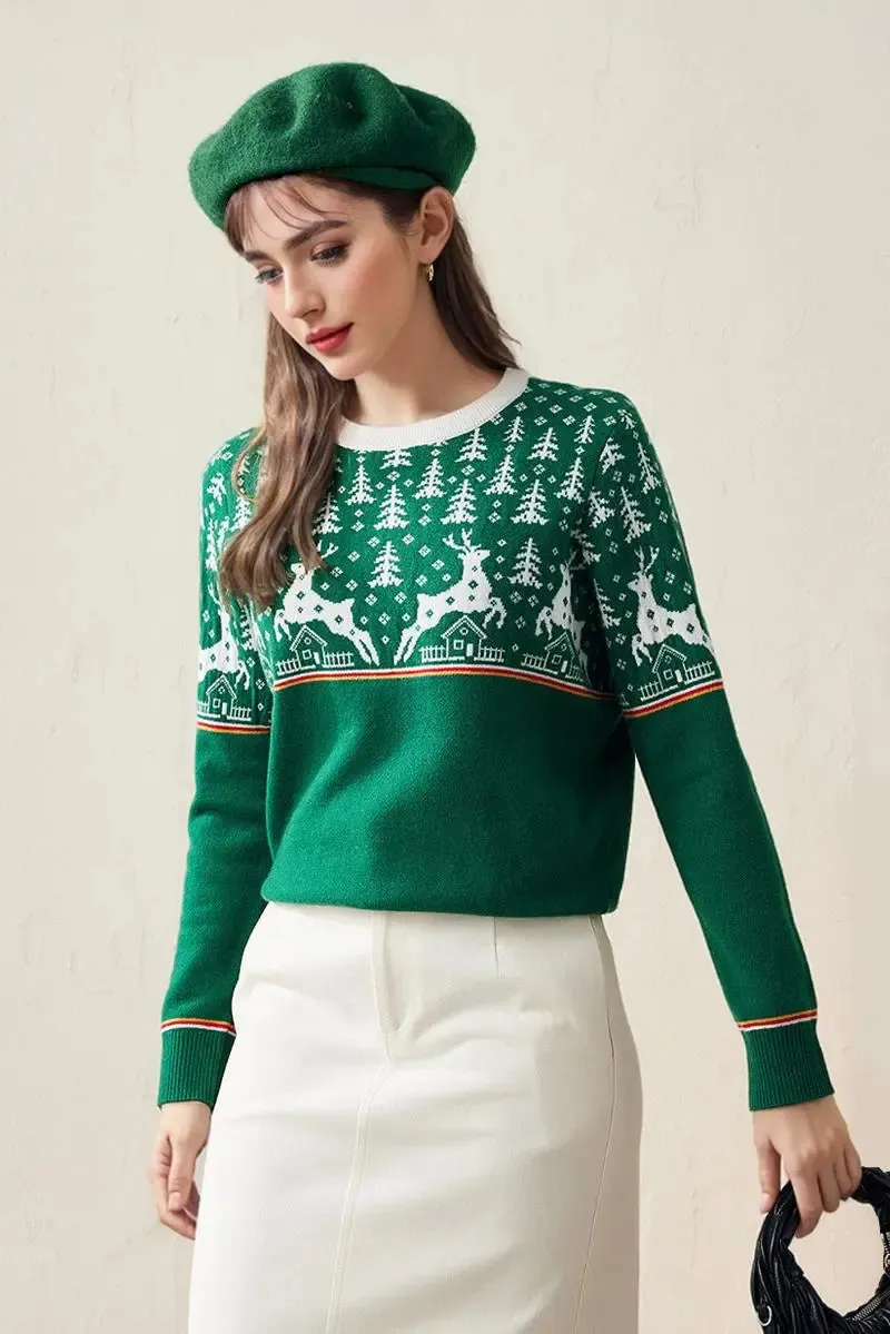 100 Wool Chunky Fair Isle Christmas Crewneck Sweater