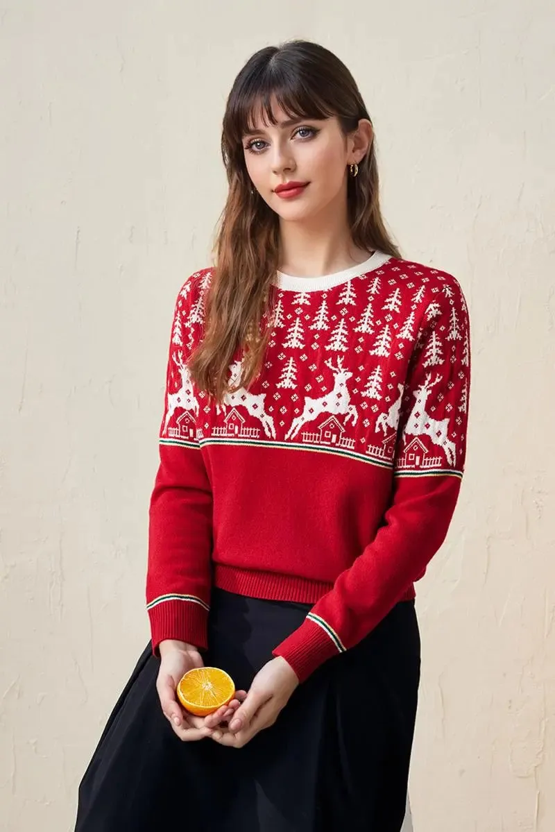 100 Wool Chunky Fair Isle Christmas Crewneck Sweater