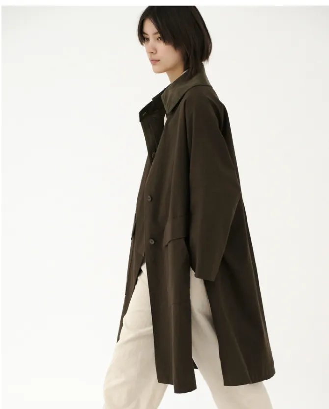 7115 By Szeki Black Cotton Slit Trench Coat