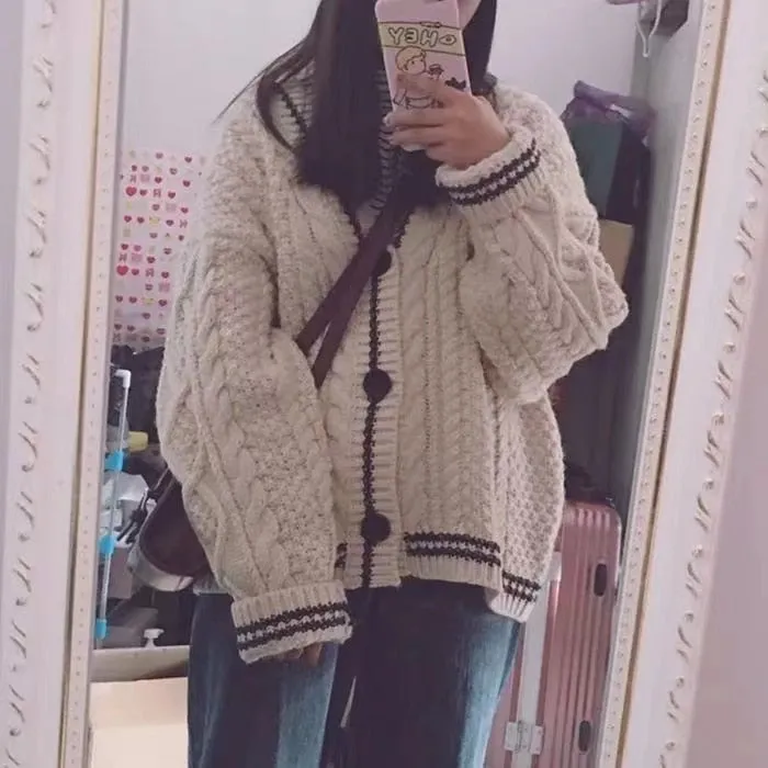 Beige Star Cute College Single Breasted Sweater Women 2022 Autumn Korean Woman Sweaters Contrast Color V-neck Knitted Cardigan