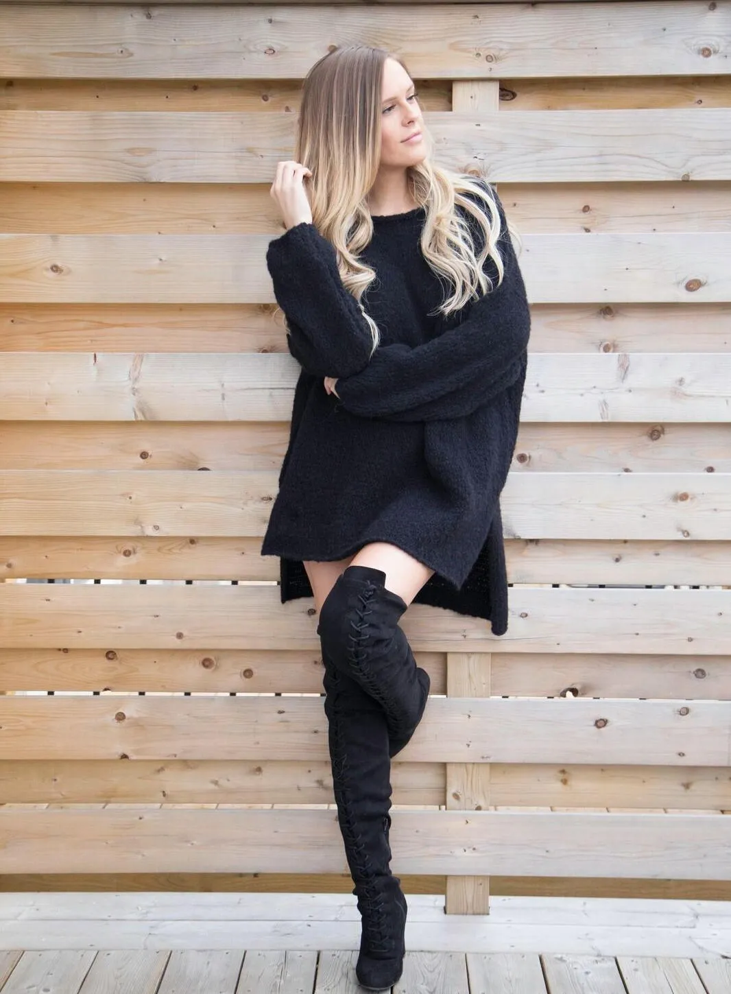 Black alpaca sweater dress.