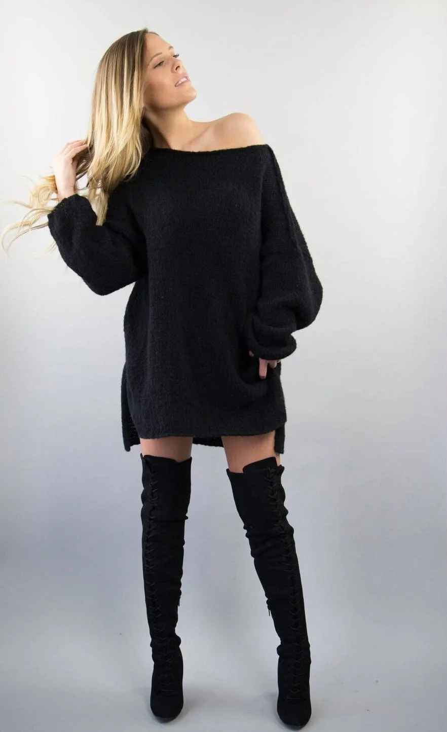 Black alpaca sweater dress.