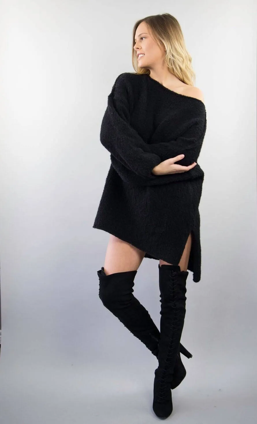 Black alpaca sweater dress.