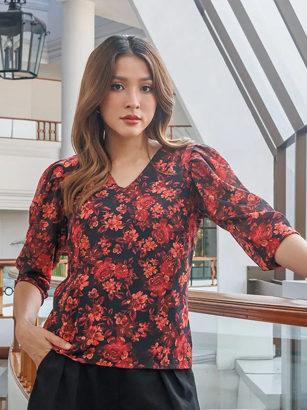 Black Floral Printed Basic Top