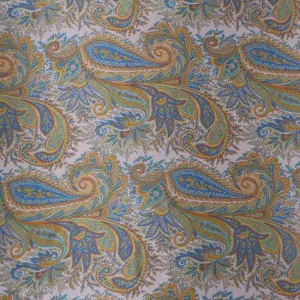 Blue and Pale Yellow Paisley on Ivory Background Printed Silk Charmeuse Fabric