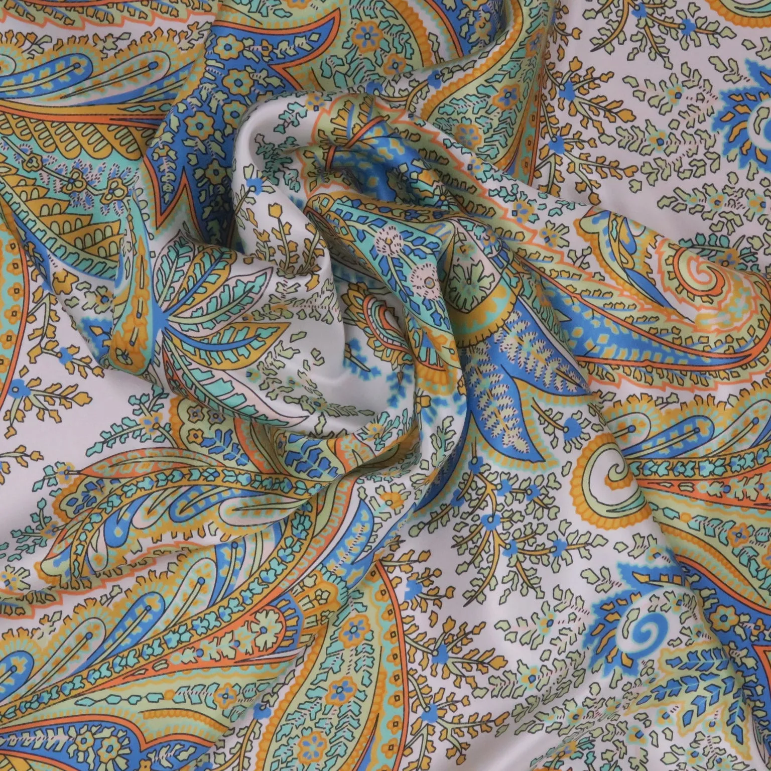 Blue and Pale Yellow Paisley on Ivory Background Printed Silk Charmeuse Fabric