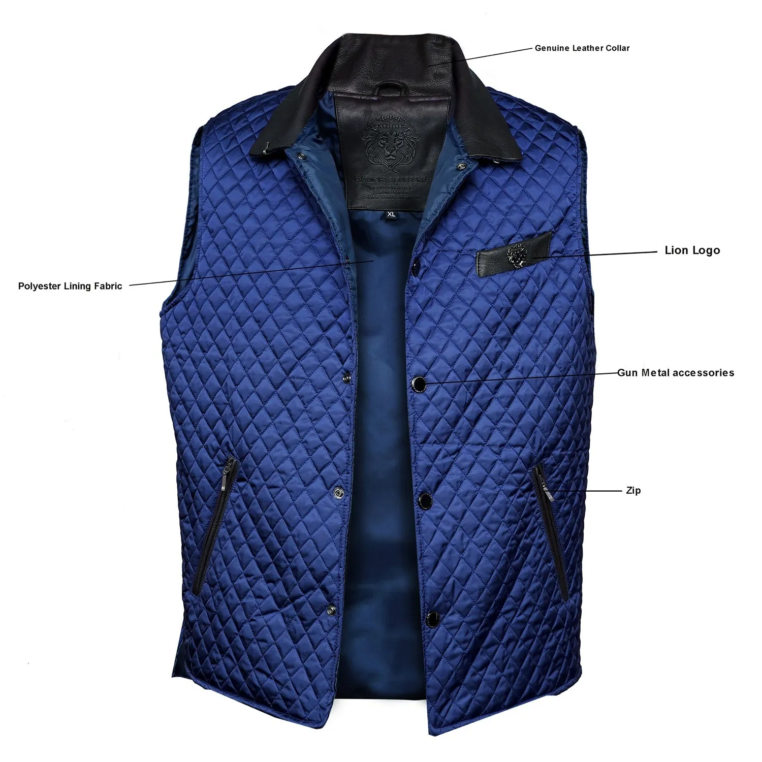 Blue Diamond Stitched Vest with Leather Trims