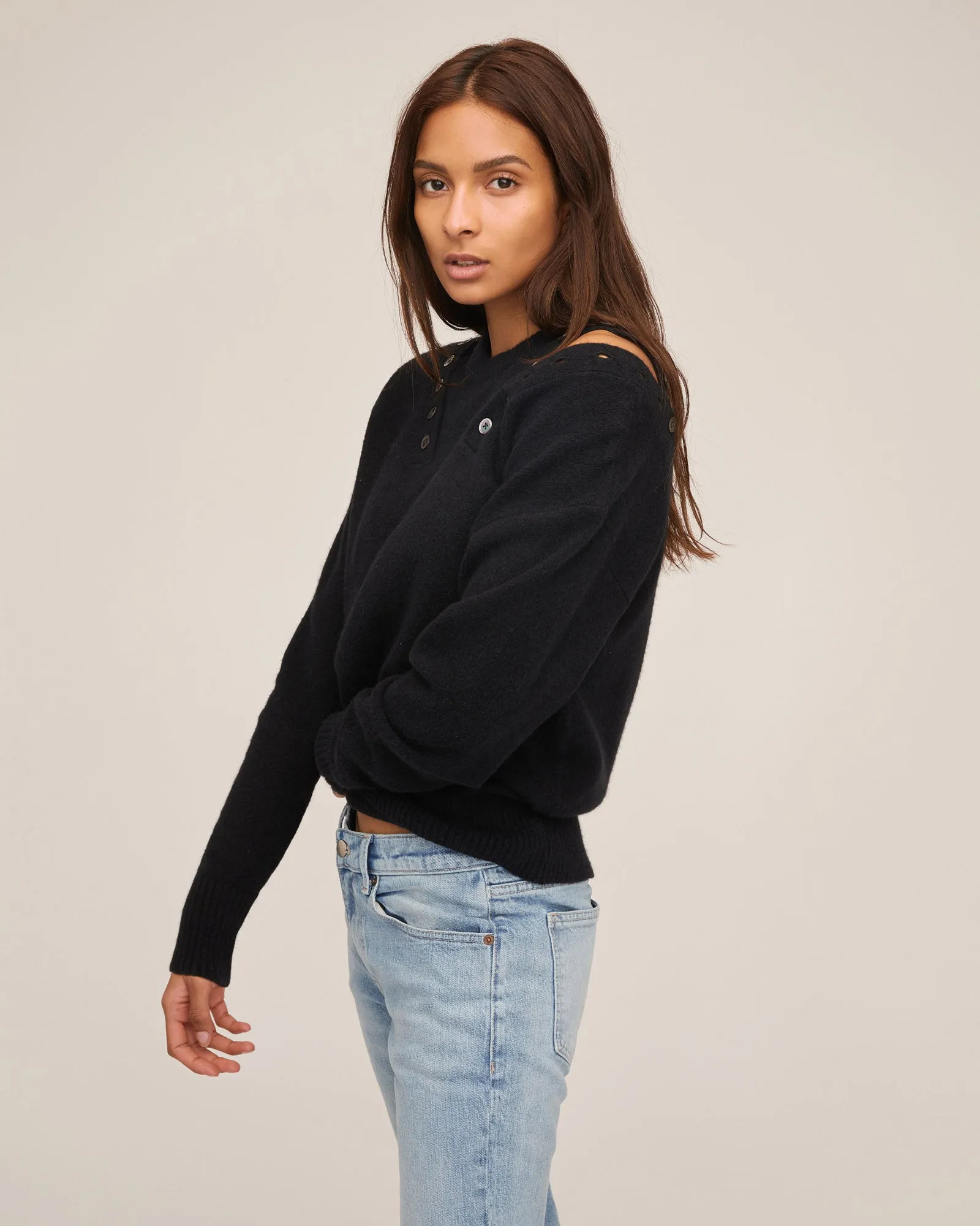 Braxton Double Button Crewneck Sweater in Black