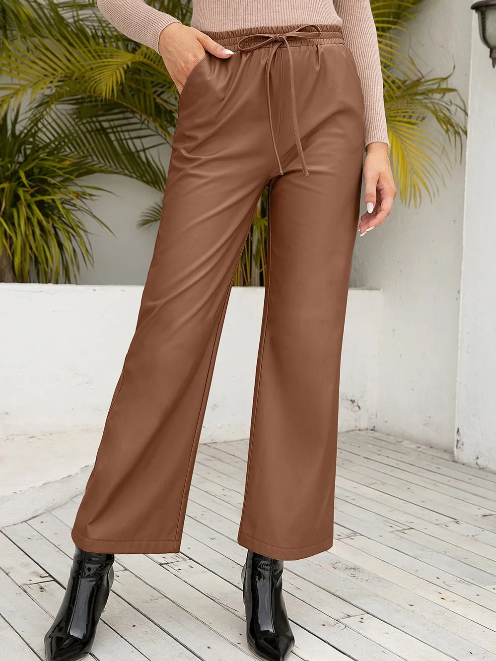 Chic Drawstring High-waisted Loose Straight-leg Leather Pants