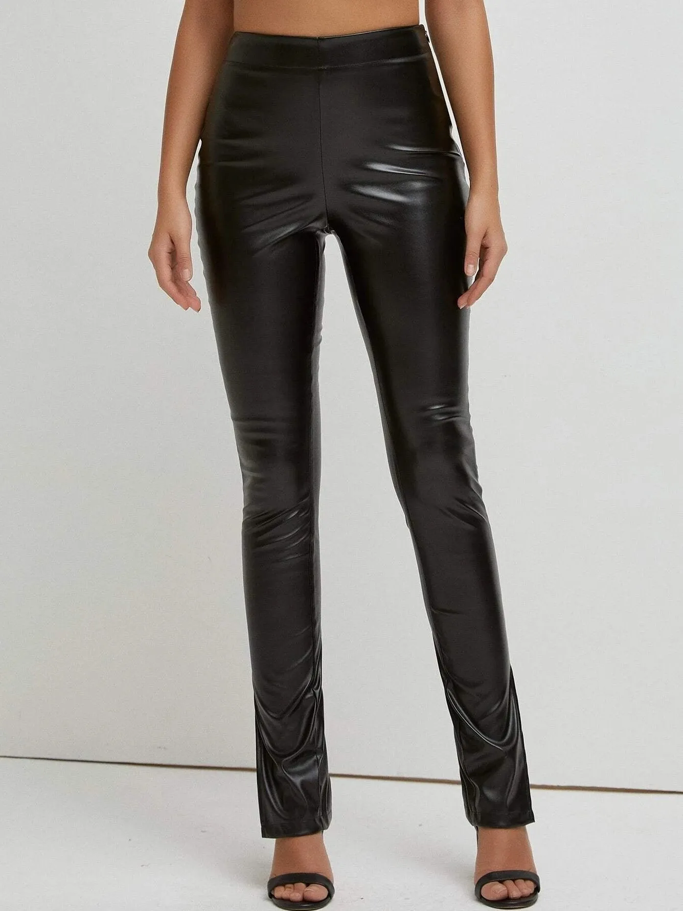 Chic High-waist Slit Slim Leather Pants