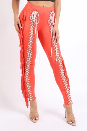 Chic Lace up Detailed Fringe Tassel Pants ORANGE