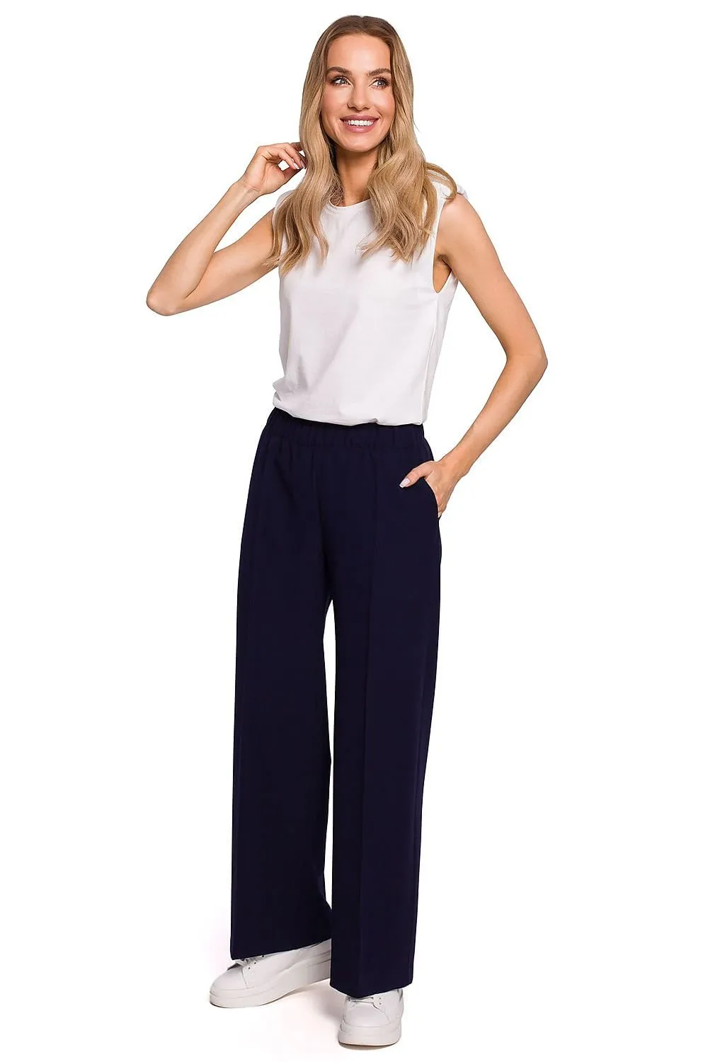 Chic Pleated Wide-Leg Trousers with Comfortable Stretch Waistband