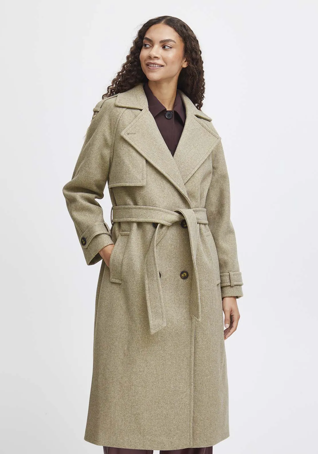 Cilia Long Sleeve Trench Coat - Sepia Tint Melange