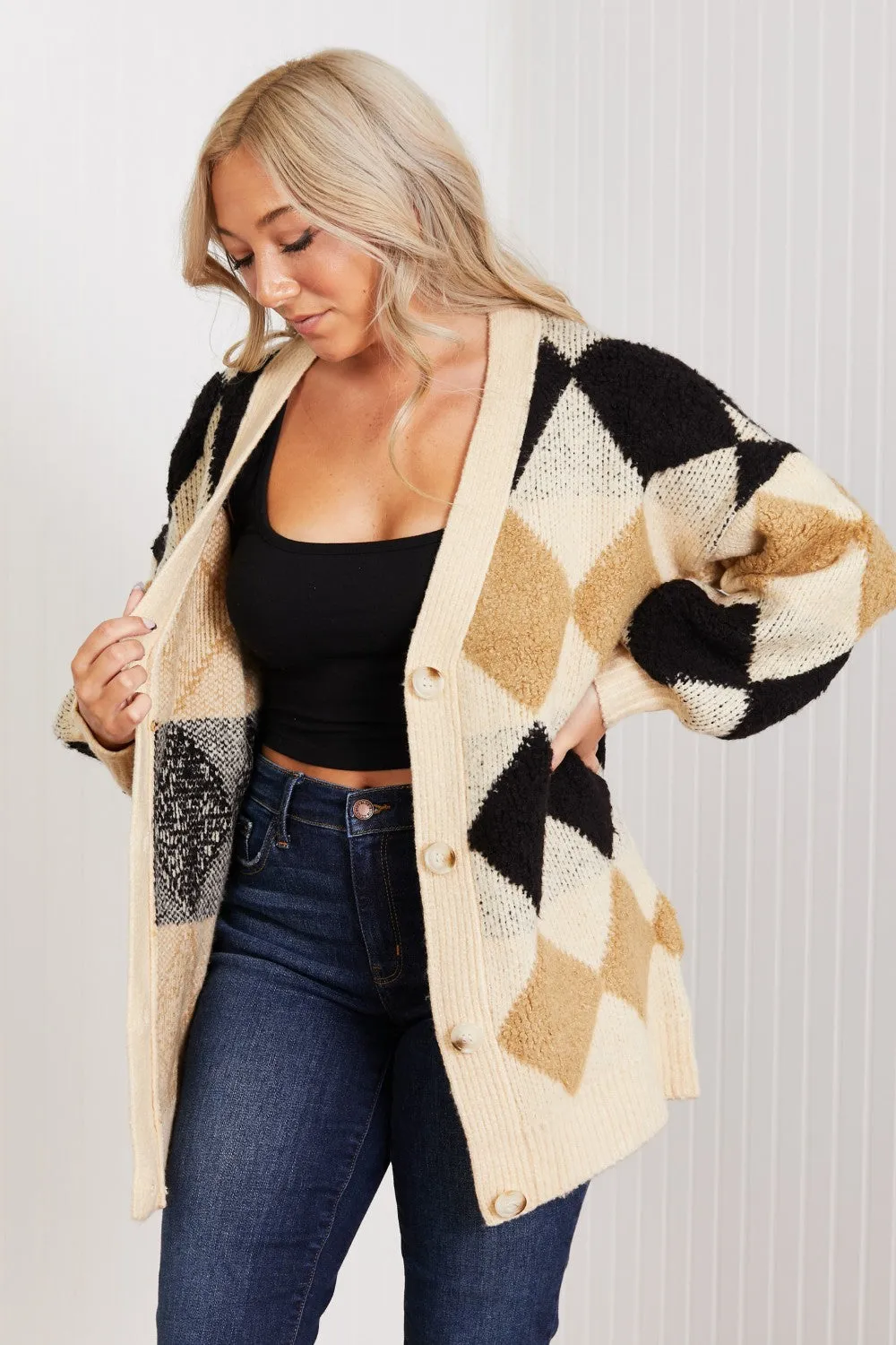 CY Fashion Know-It-All Full Size Argyle Longline Cardigan