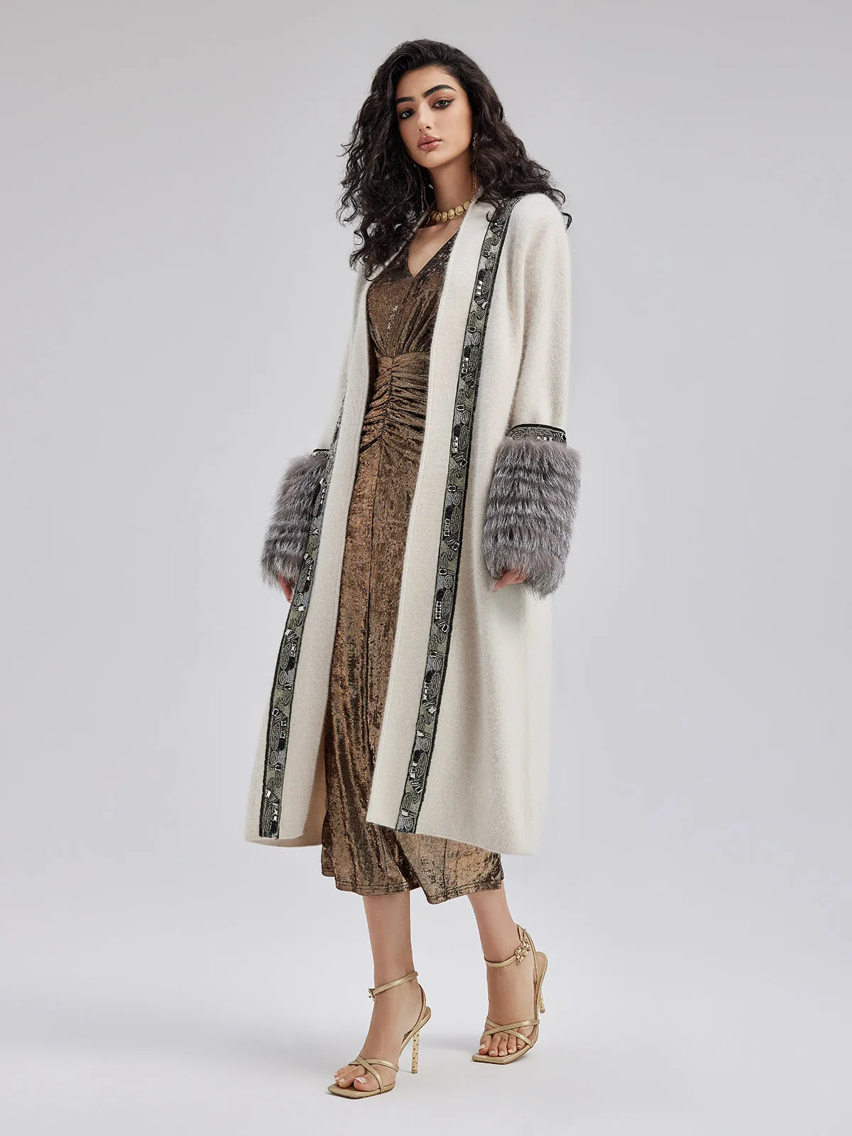 Detachable Glove Embroidered Beaded Coat