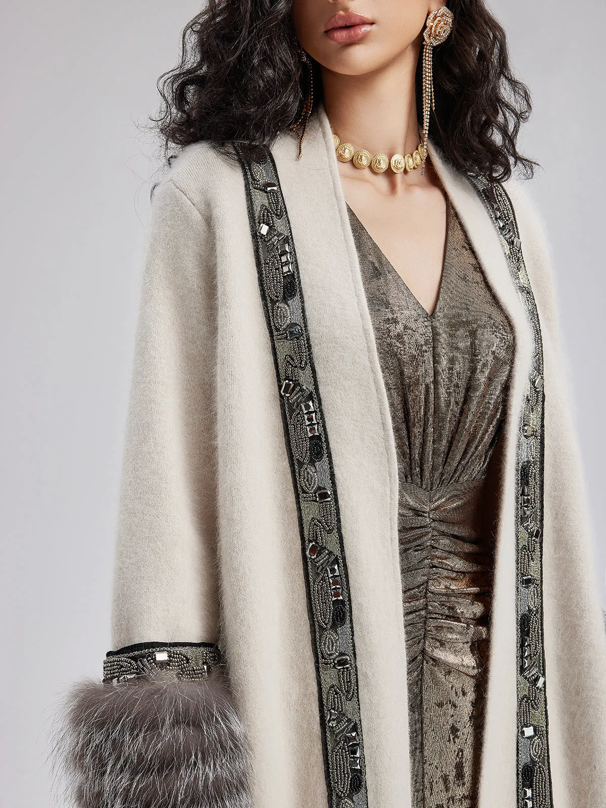 Detachable Glove Embroidered Beaded Coat