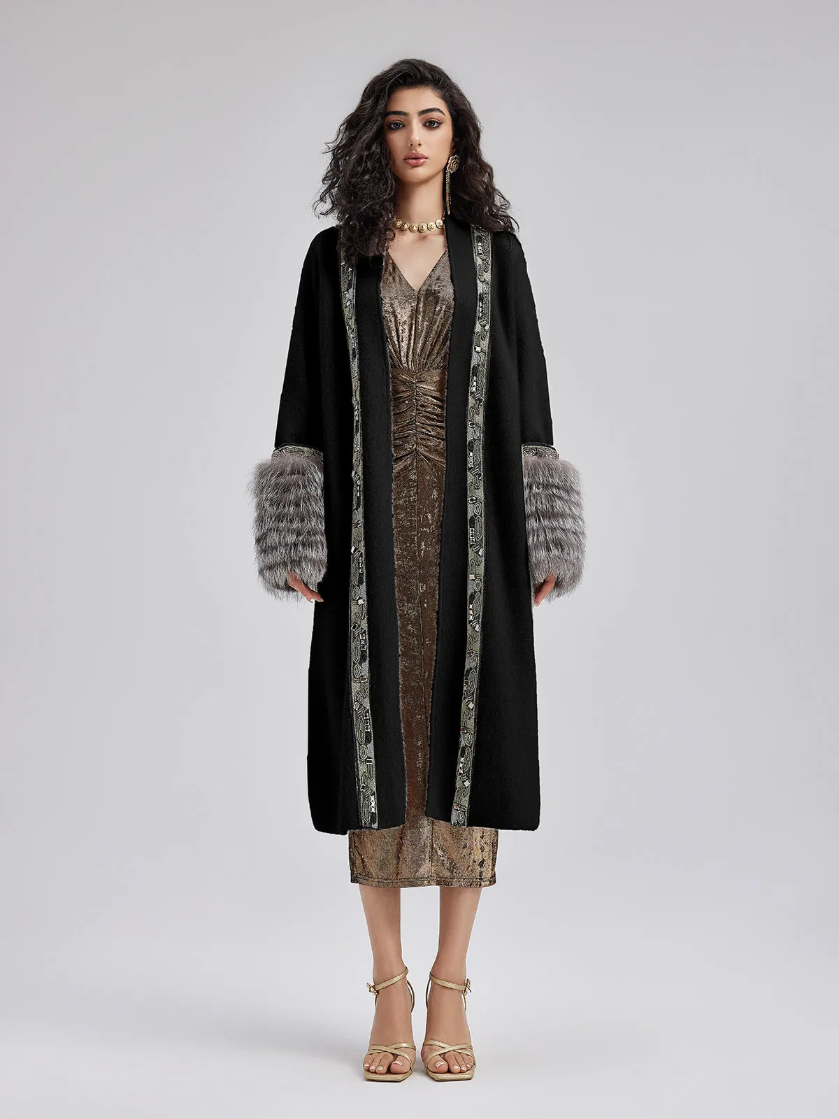 Detachable Glove Embroidered Beaded Coat