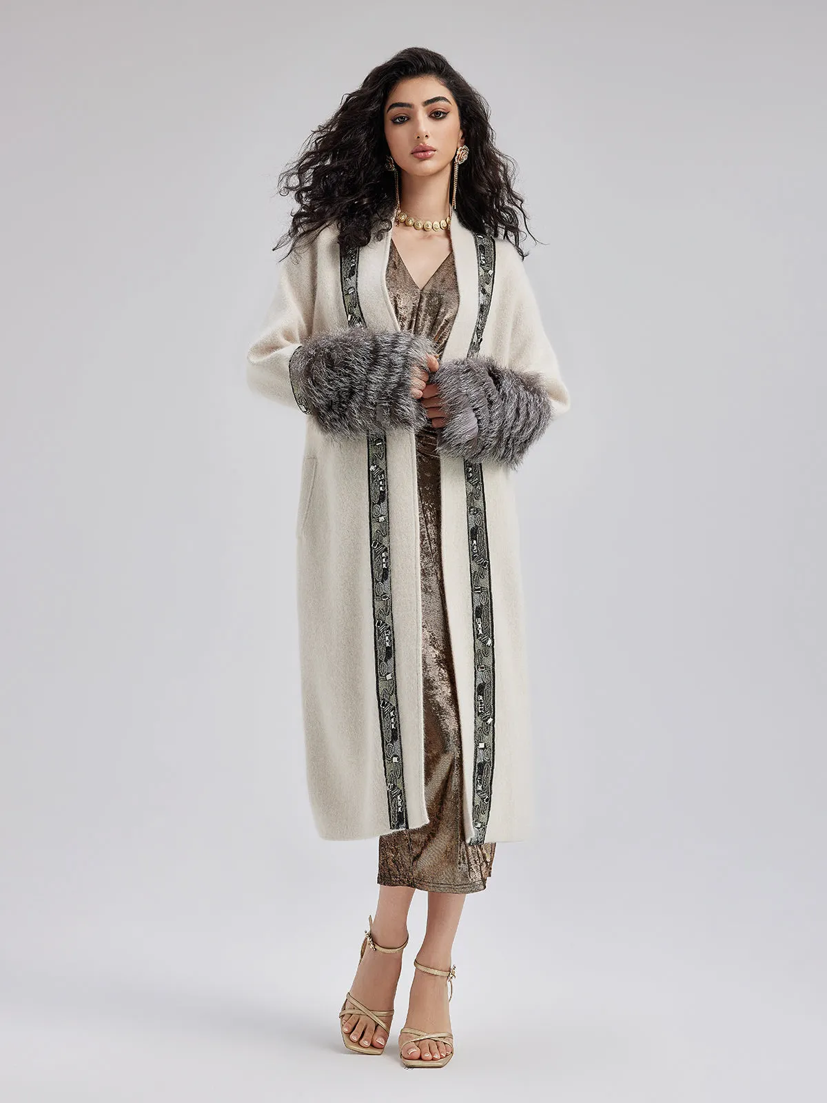 Detachable Glove Embroidered Beaded Coat