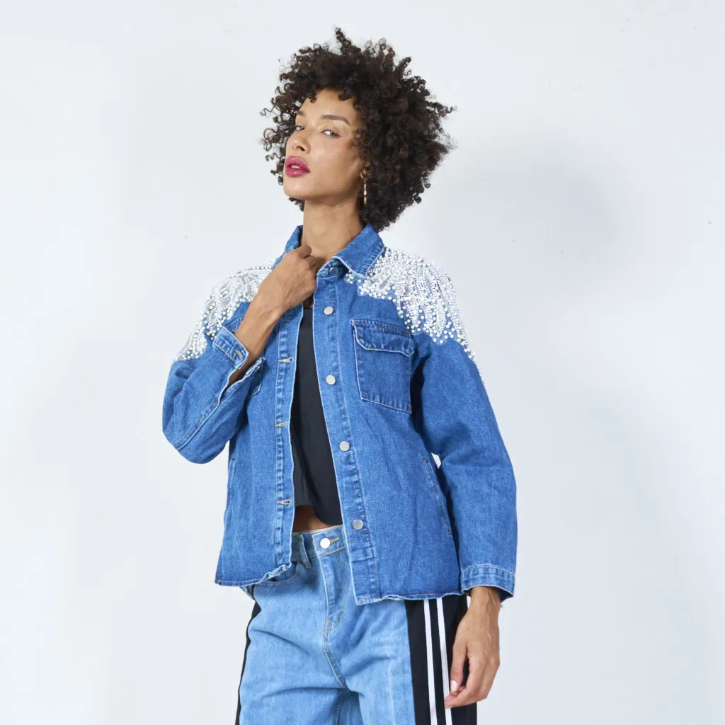 Embellished denim jacket with pearl detailing wholesale