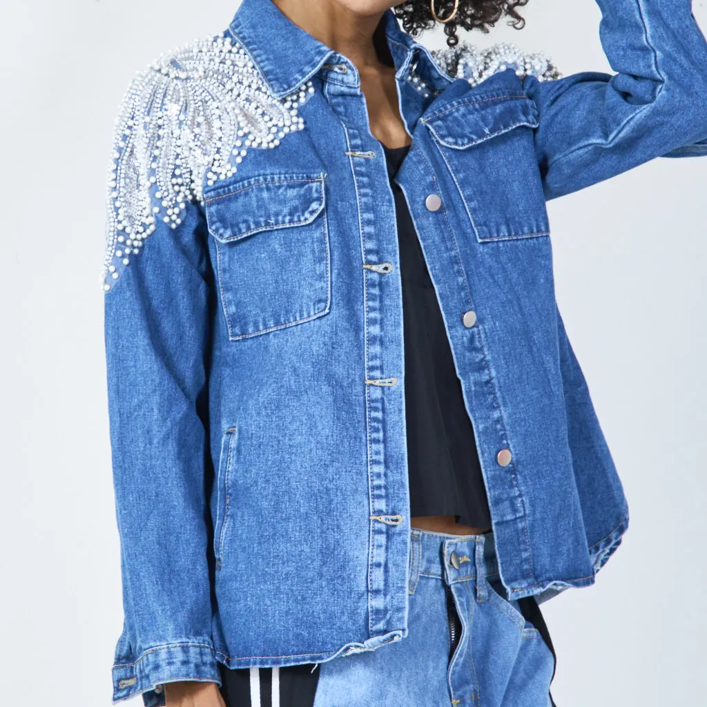 Embellished denim jacket with pearl detailing wholesale