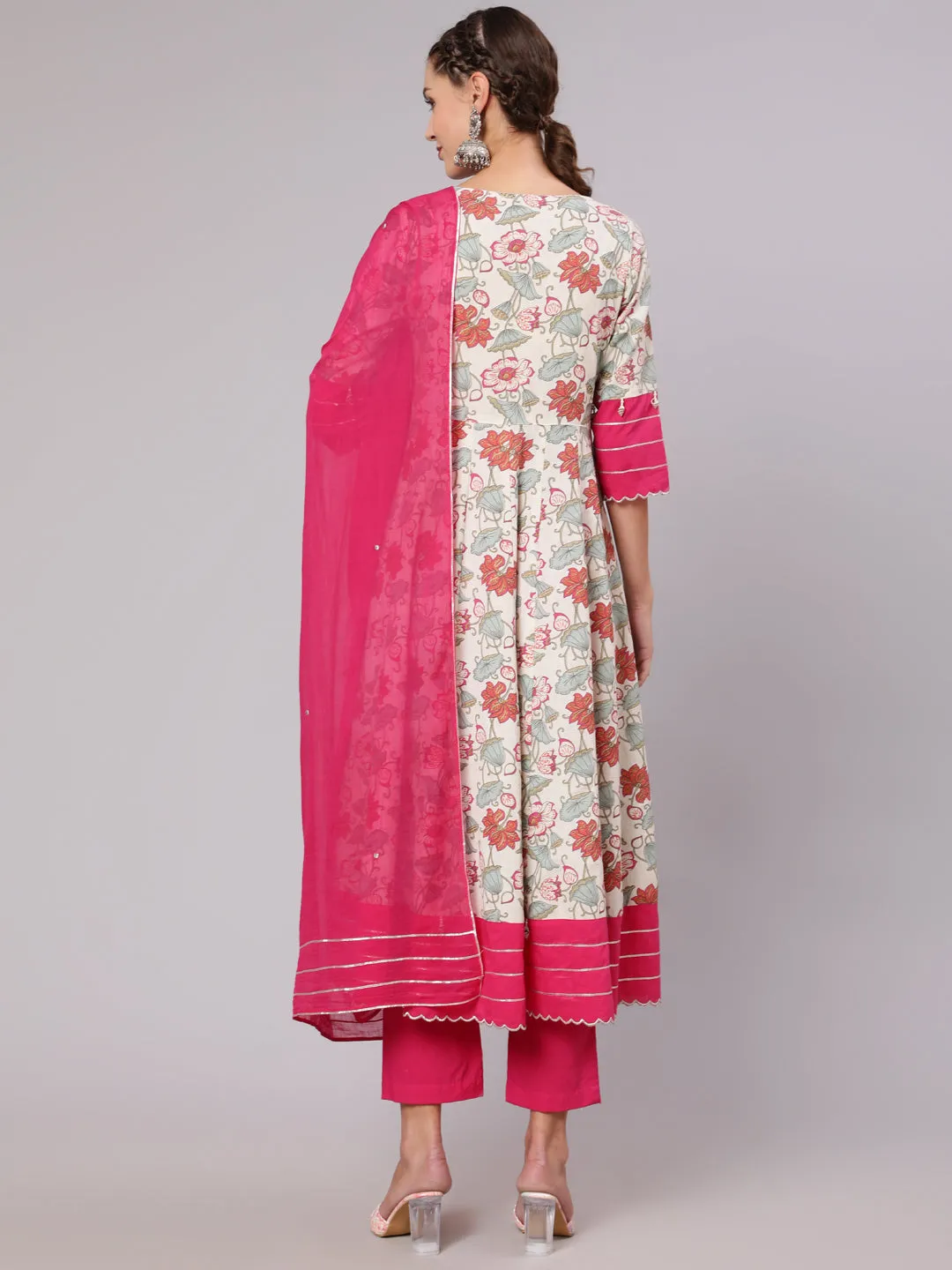 Embellished White And Pink Floral Printed Anarkali Kurta With Pants and Dupatta