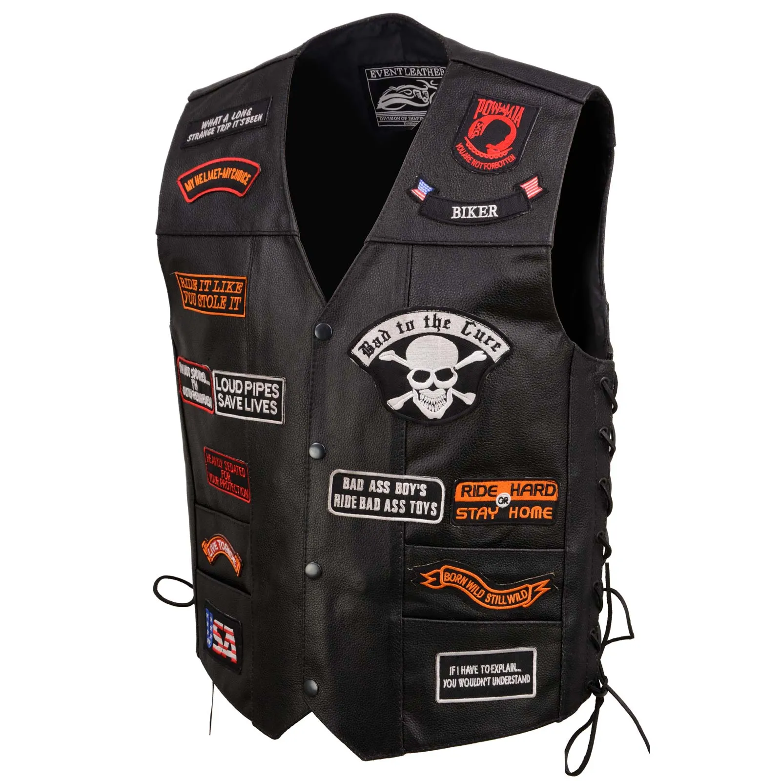 Event Leather Men's Genuine Motorcycle Leather Patched Biker Vest w/6 Pockets and 23 Patches w/Conceal Carry ELM3920