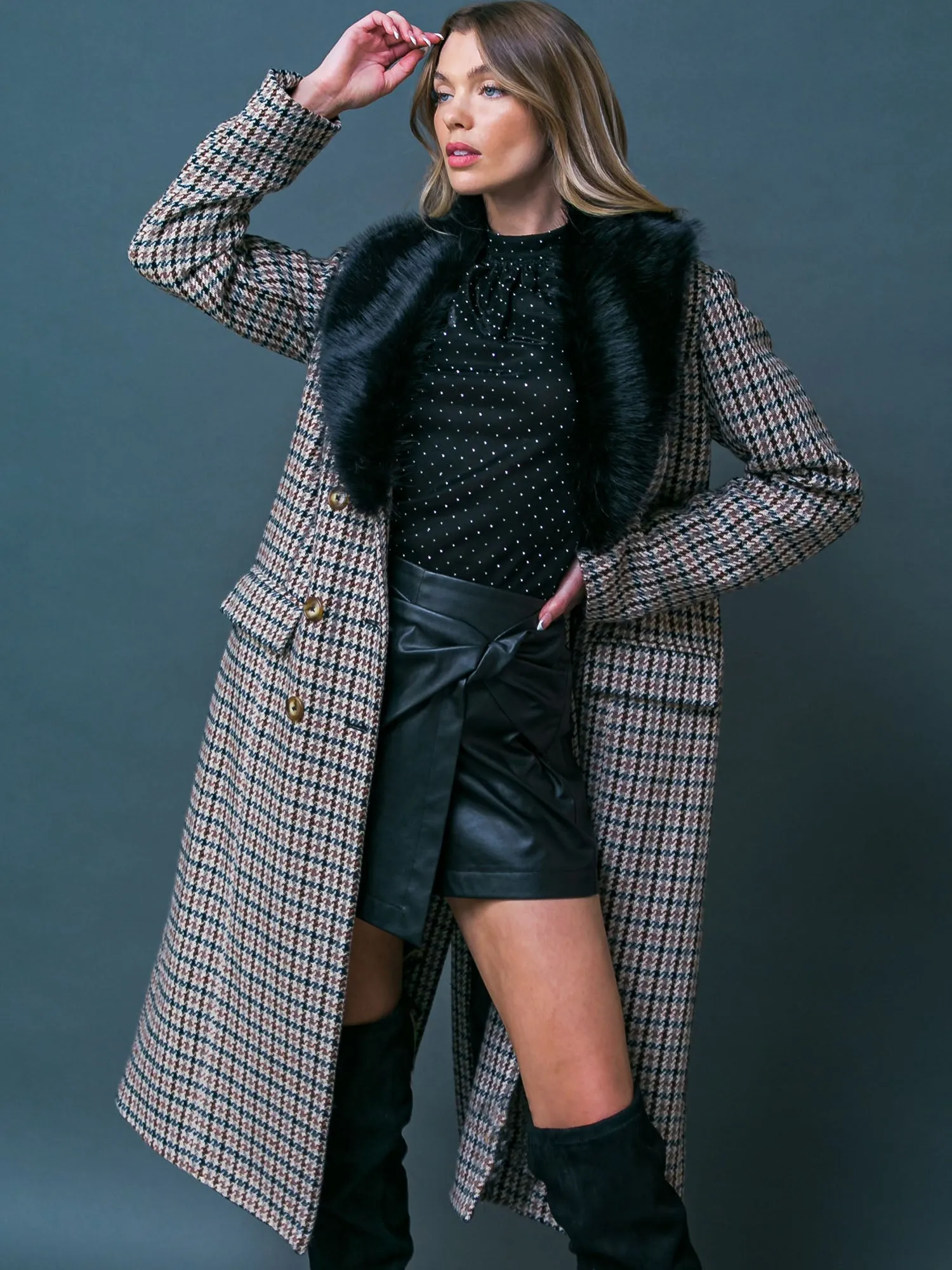 Flying Tomato Faux Fur Collar Houndstooth Coat - Brands We Love