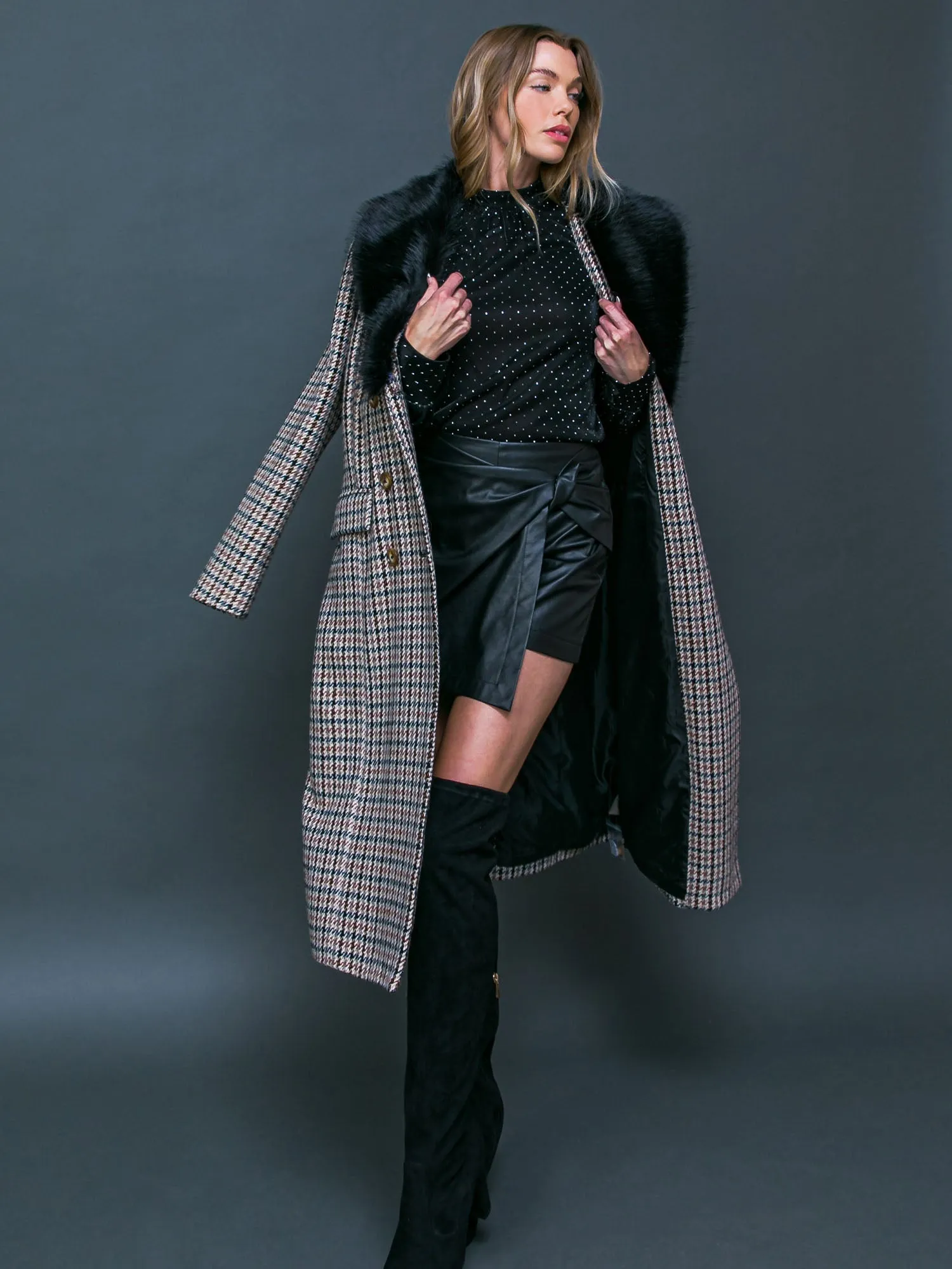 Flying Tomato Faux Fur Collar Houndstooth Coat - Brands We Love