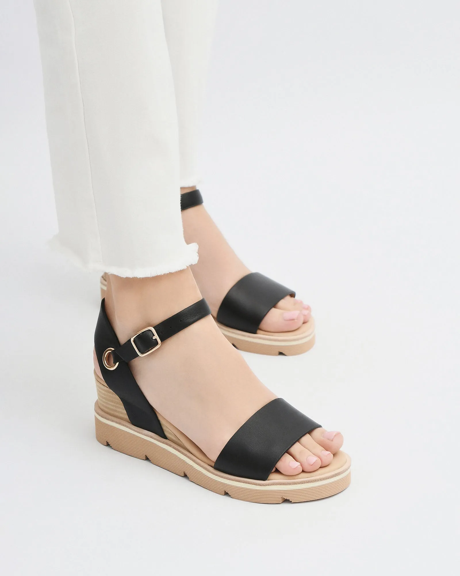 KATIE MID HEEL WEDGE SANDALS BLACK LEATHER