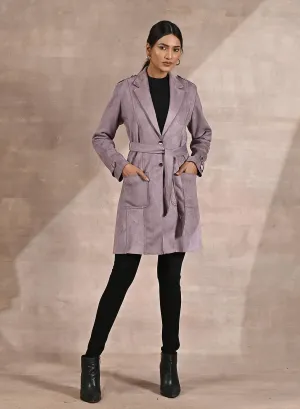 Lavender Suede Coat with Front Pocket & Notched Collar