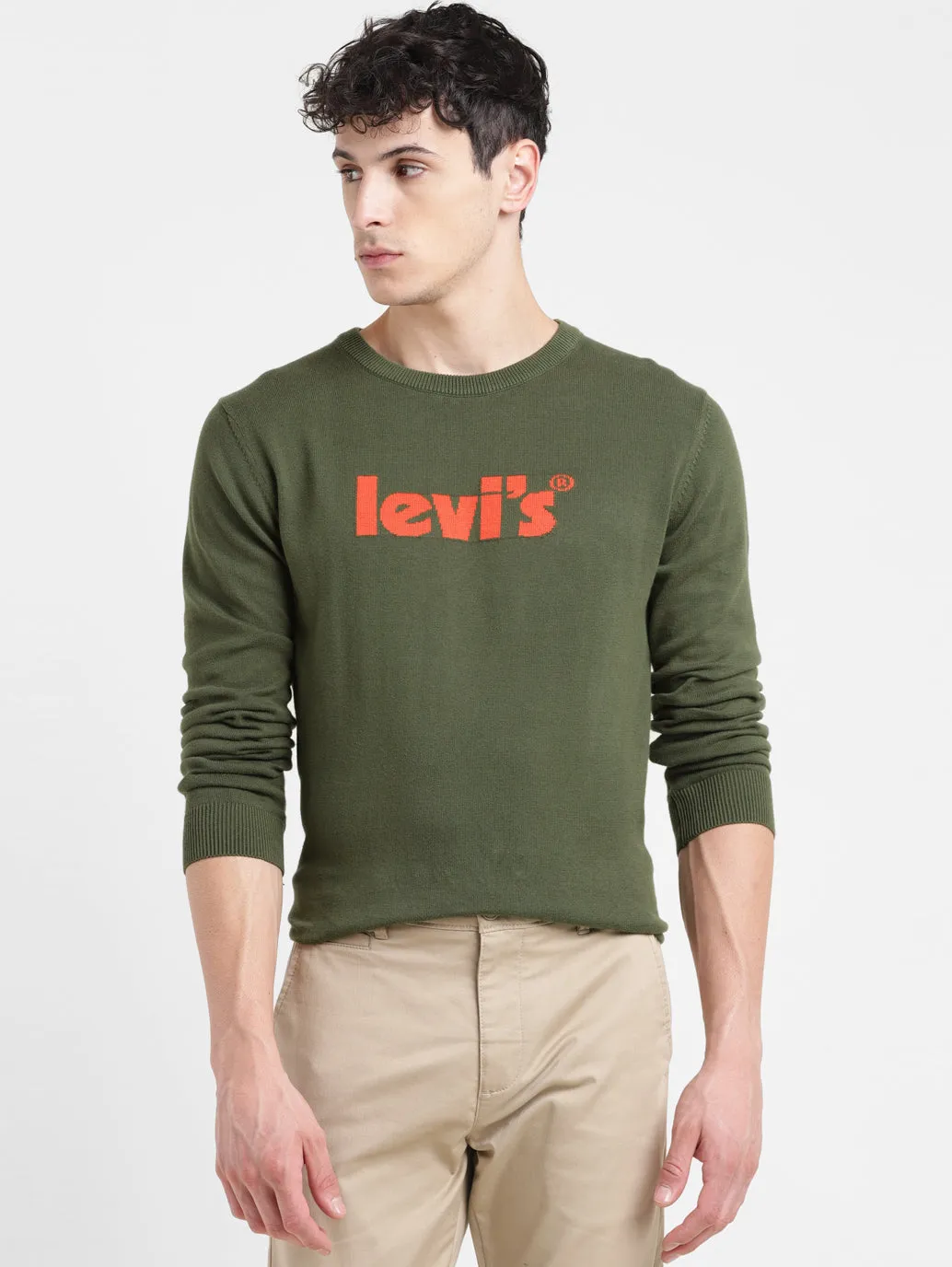 Men's Brand Logo Green Crew Neck Sweater