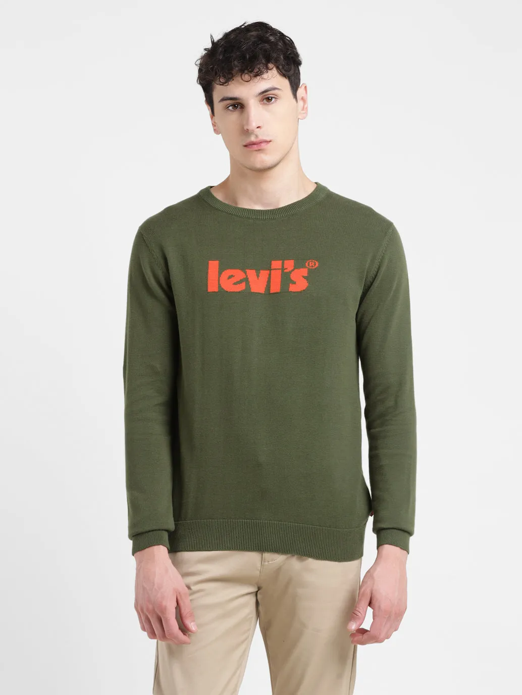 Men's Brand Logo Green Crew Neck Sweater