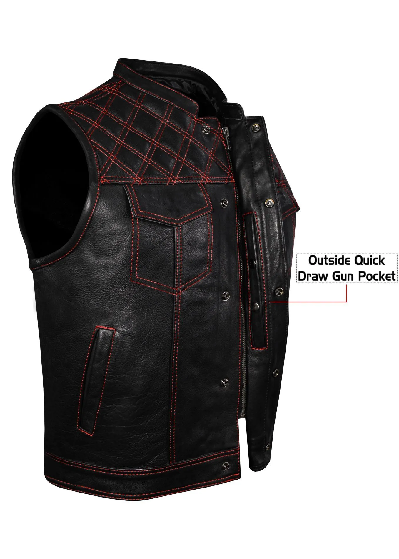 Mens Naked Leather Motorcycle Club Vest Red Thread Zipper Front, Diamond Padding