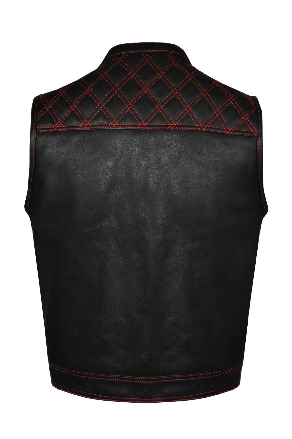 Mens Naked Leather Motorcycle Club Vest Red Thread Zipper Front, Diamond Padding