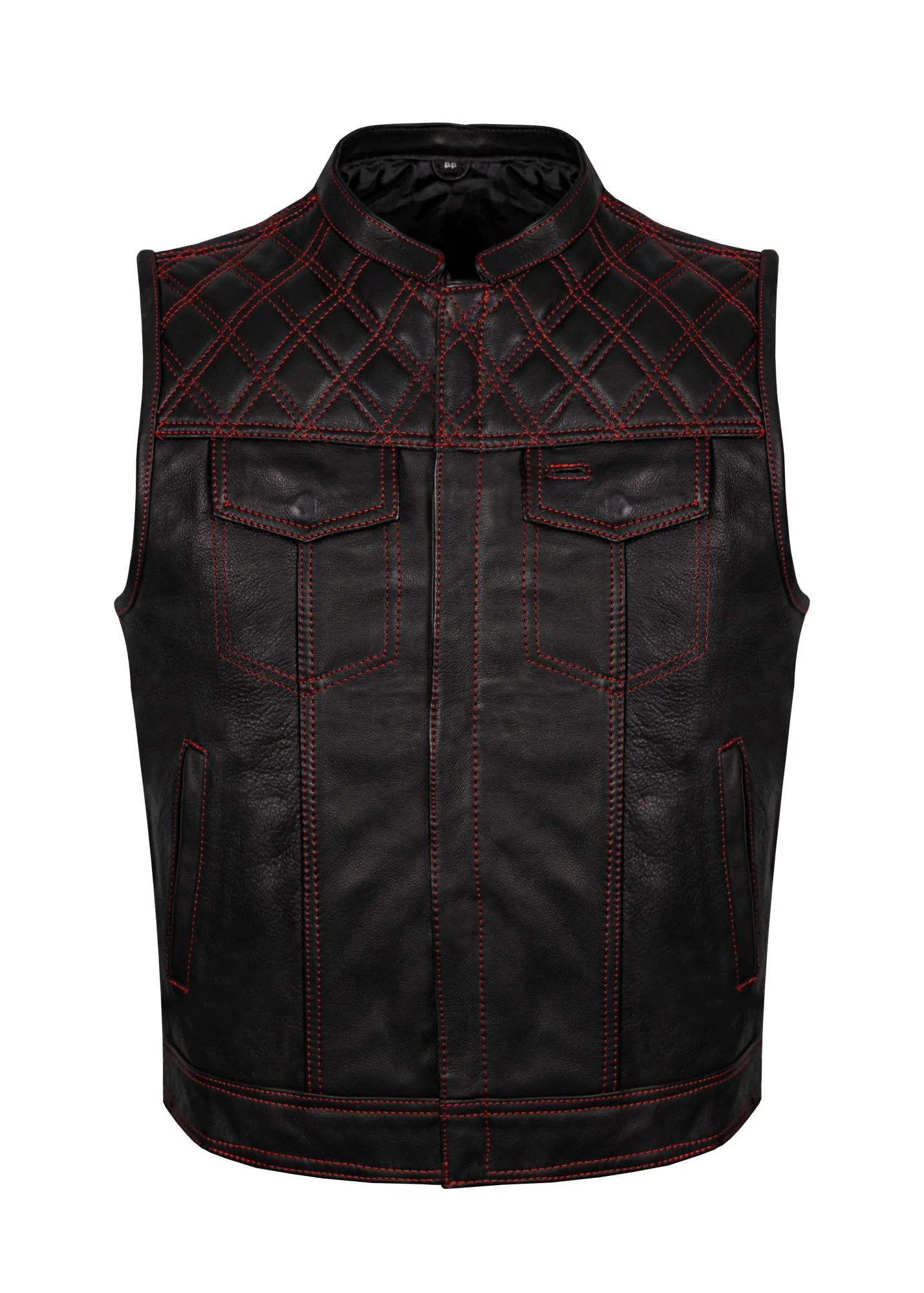 Mens Naked Leather Motorcycle Club Vest Red Thread Zipper Front, Diamond Padding