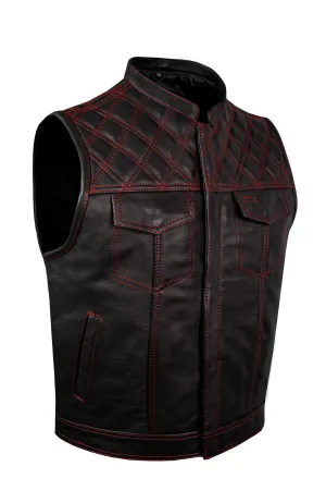 Mens Naked Leather Motorcycle Club Vest Red Thread Zipper Front, Diamond Padding