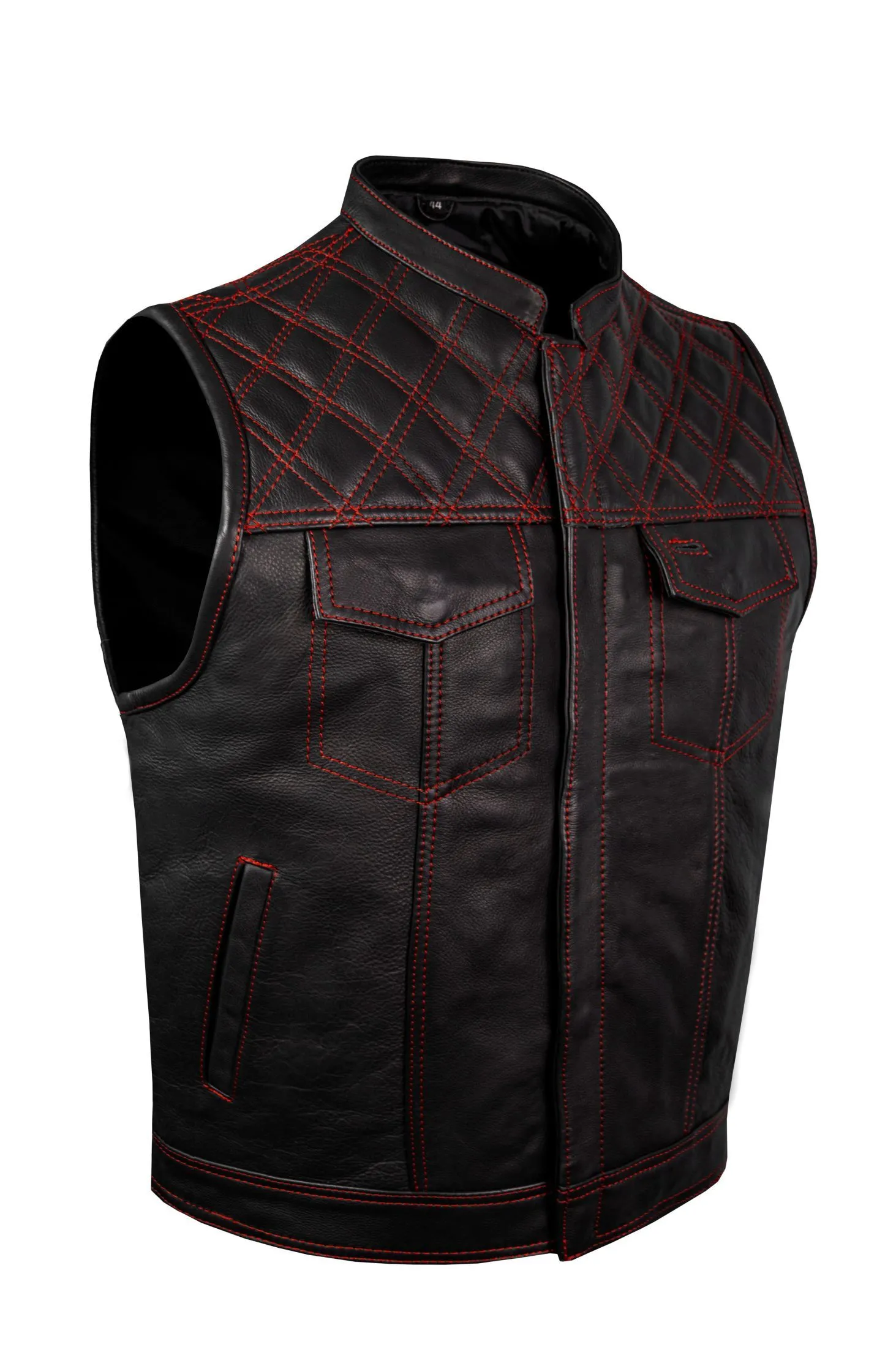 Mens Naked Leather Motorcycle Club Vest Red Thread Zipper Front, Diamond Padding