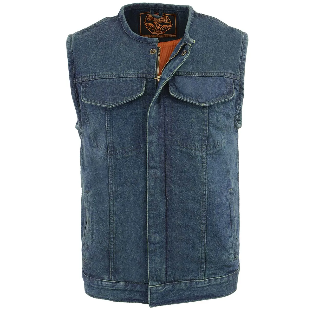 Milwaukee Leather MDM3001 Men's 'Covert' Blue Denim Collarless Club Style Motorcycle Biker Vest w/ Dual Closure