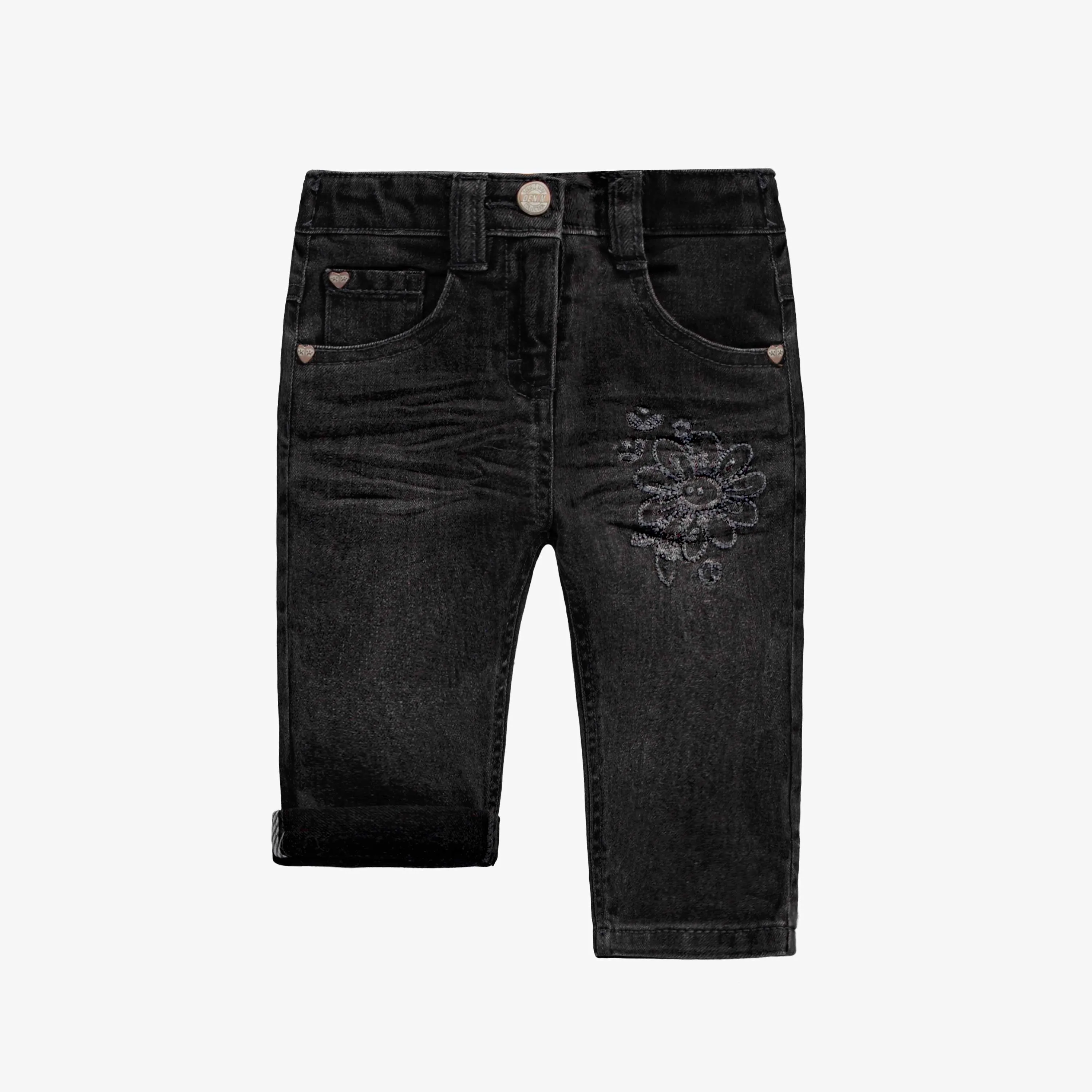 Pantalon en denim noir de coupe étroite avec broderies, bébé || Black denim pants with a slim fit and embroidery, baby