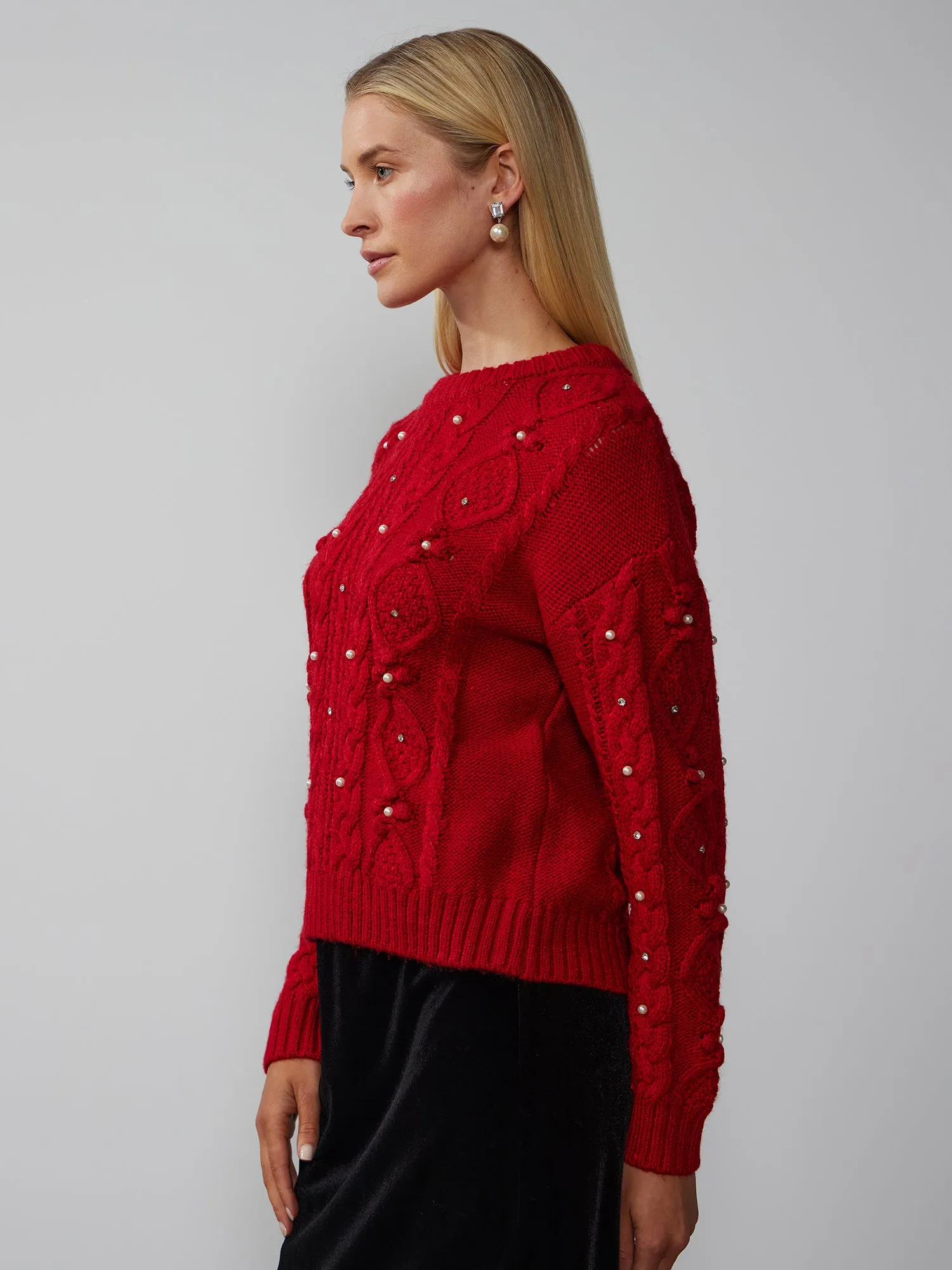 Pearl Embellished Cable Knit Sweater