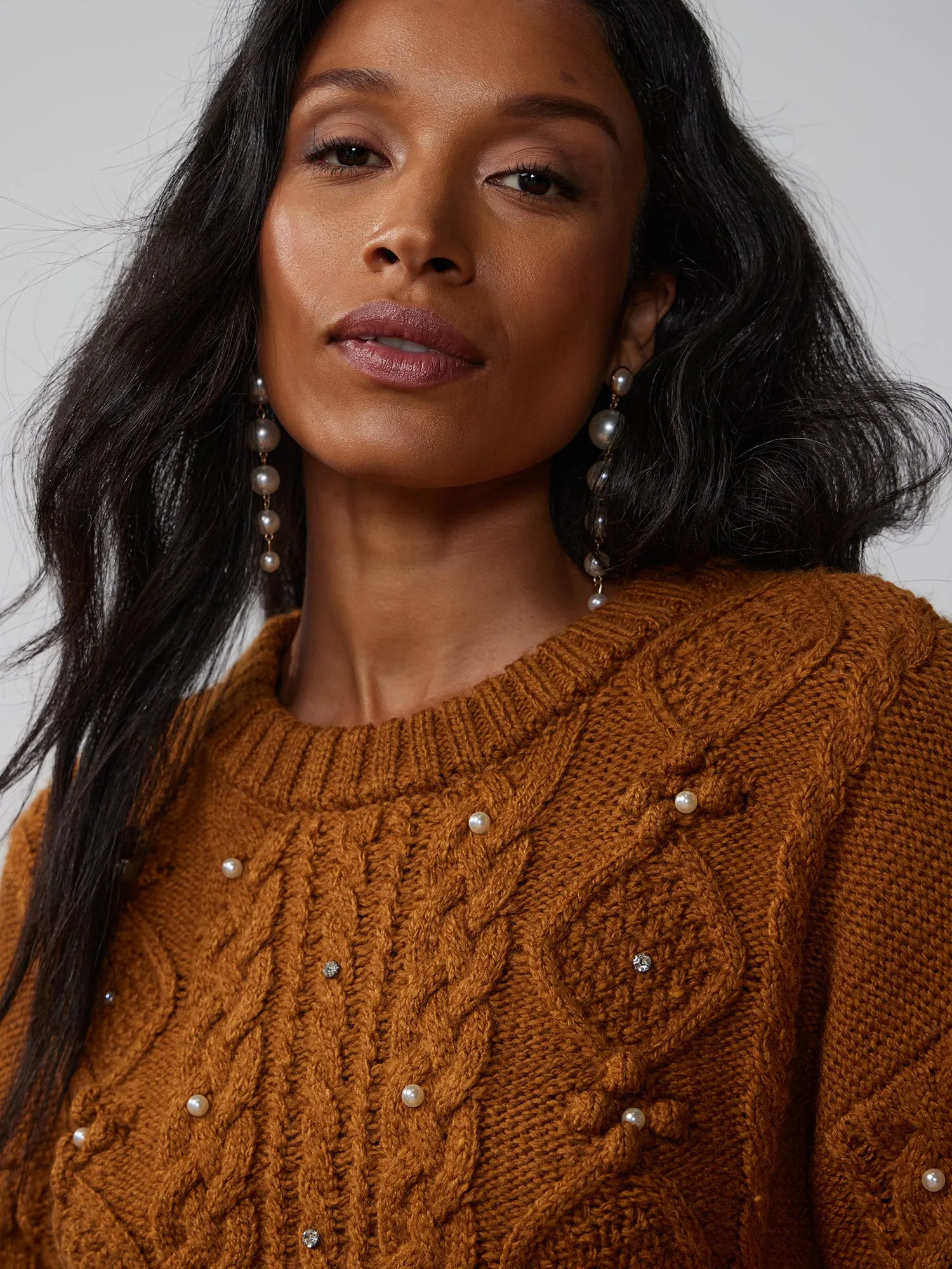 Pearl Embellished Cable Knit Sweater