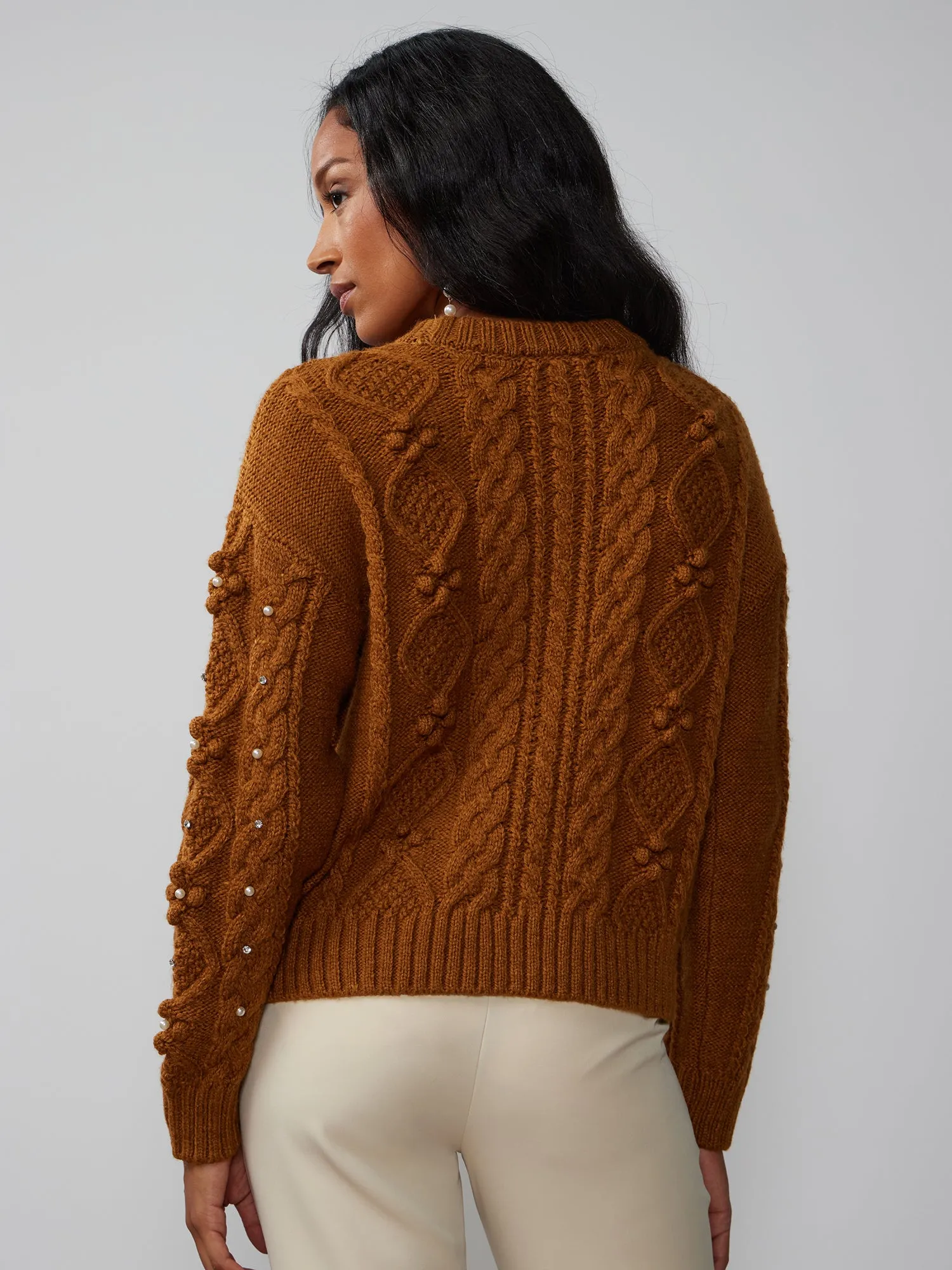 Pearl Embellished Cable Knit Sweater