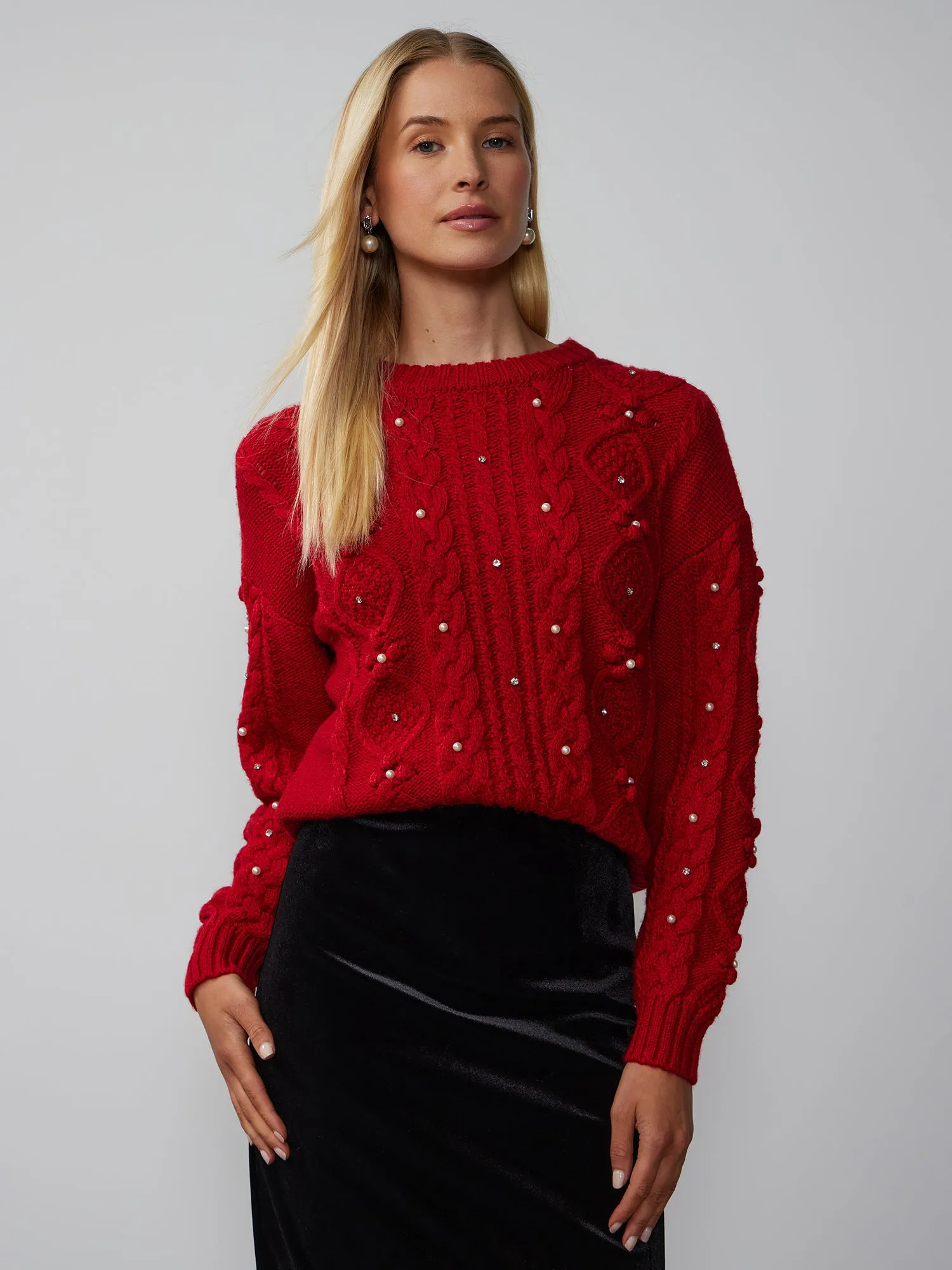 Pearl Embellished Cable Knit Sweater