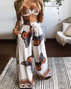 Printed Crop Top & Wide Leg Pants Set