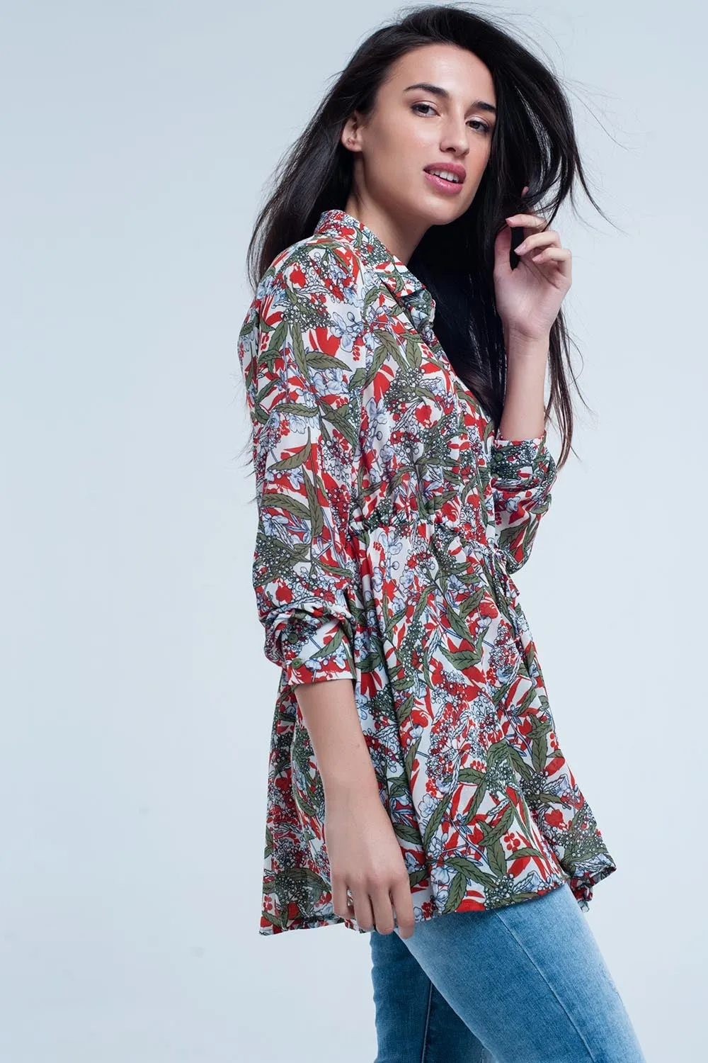 Red shirt with leaf and flower print