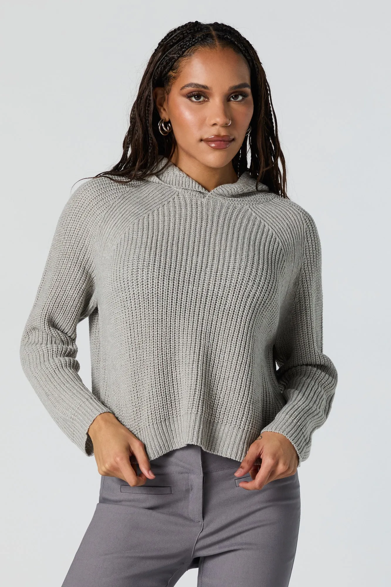 Ribbed Knit Hooded Sweater