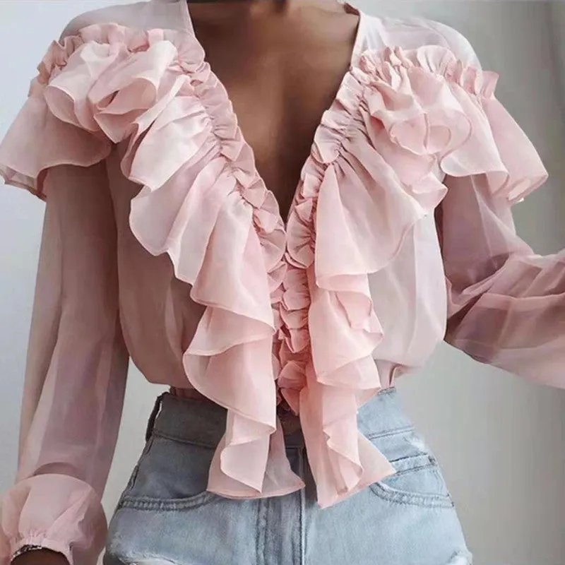 Ruffled Loose Pullover Chiffon Shirt White Blouses