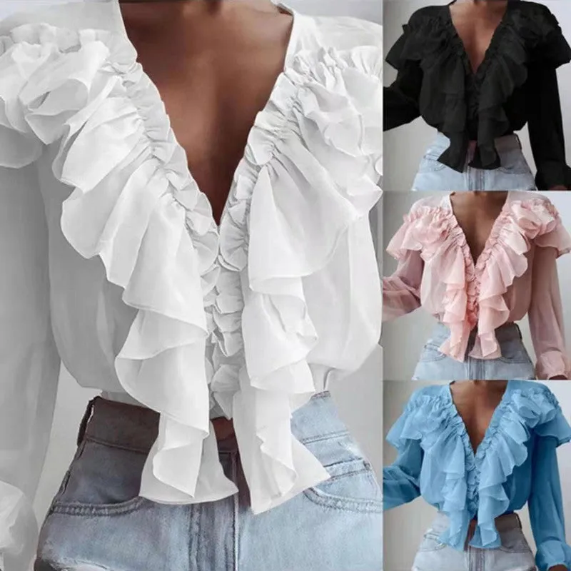 Ruffled Loose Pullover Chiffon Shirt White Blouses