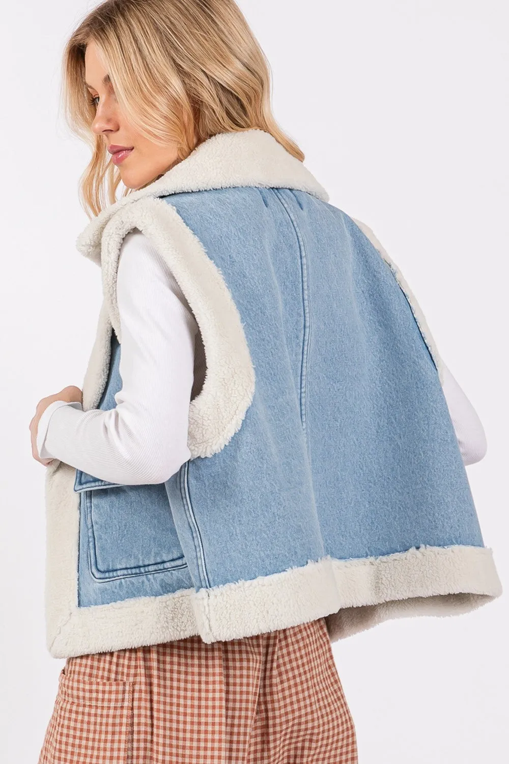 SAGE   FIG Pocketed Collared Neck Sherpa Vest