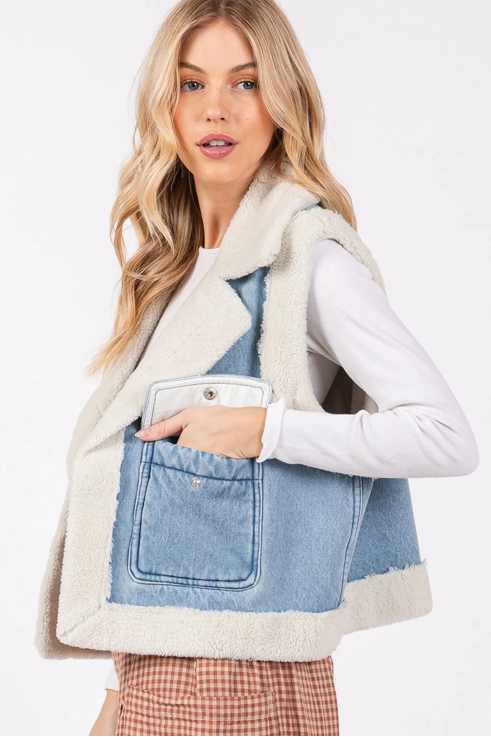 SAGE   FIG Pocketed Collared Neck Sherpa Vest